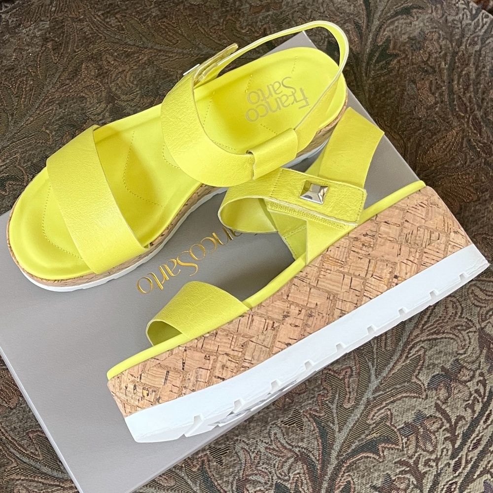 Franco Sarto Francisco Limeade Yellow Cork Platform Leather Sandals 6.5